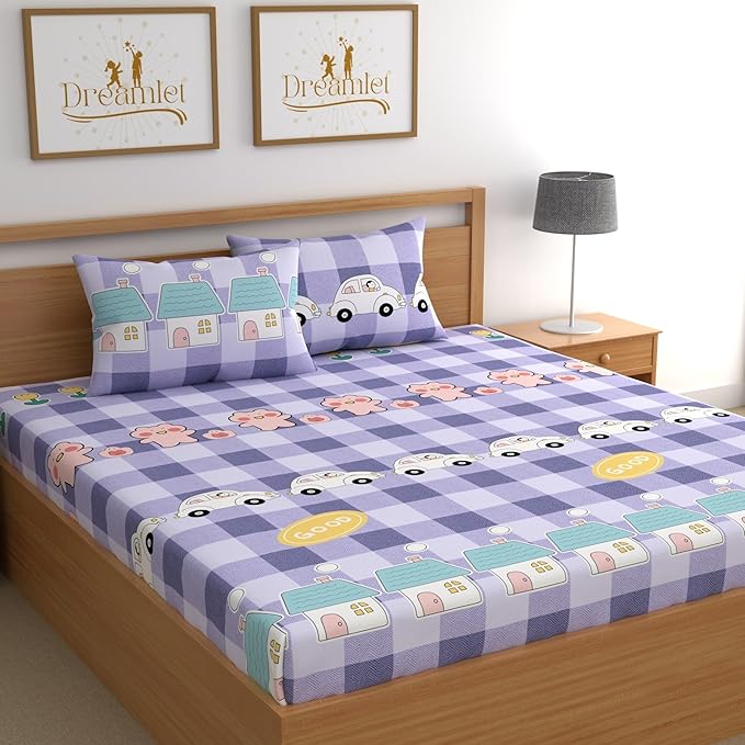 Dreamlet Prime Collections 180tc Pure Cotton Breathable Supersoft Wrinkelfree Double Flat Bedsheet With 2 King Size Pillow Covers | Purple