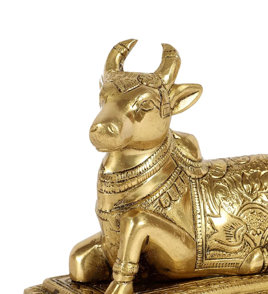 Two Moustaches Lotus Engraved 5 Inches Brass Nandi Cow Over Base