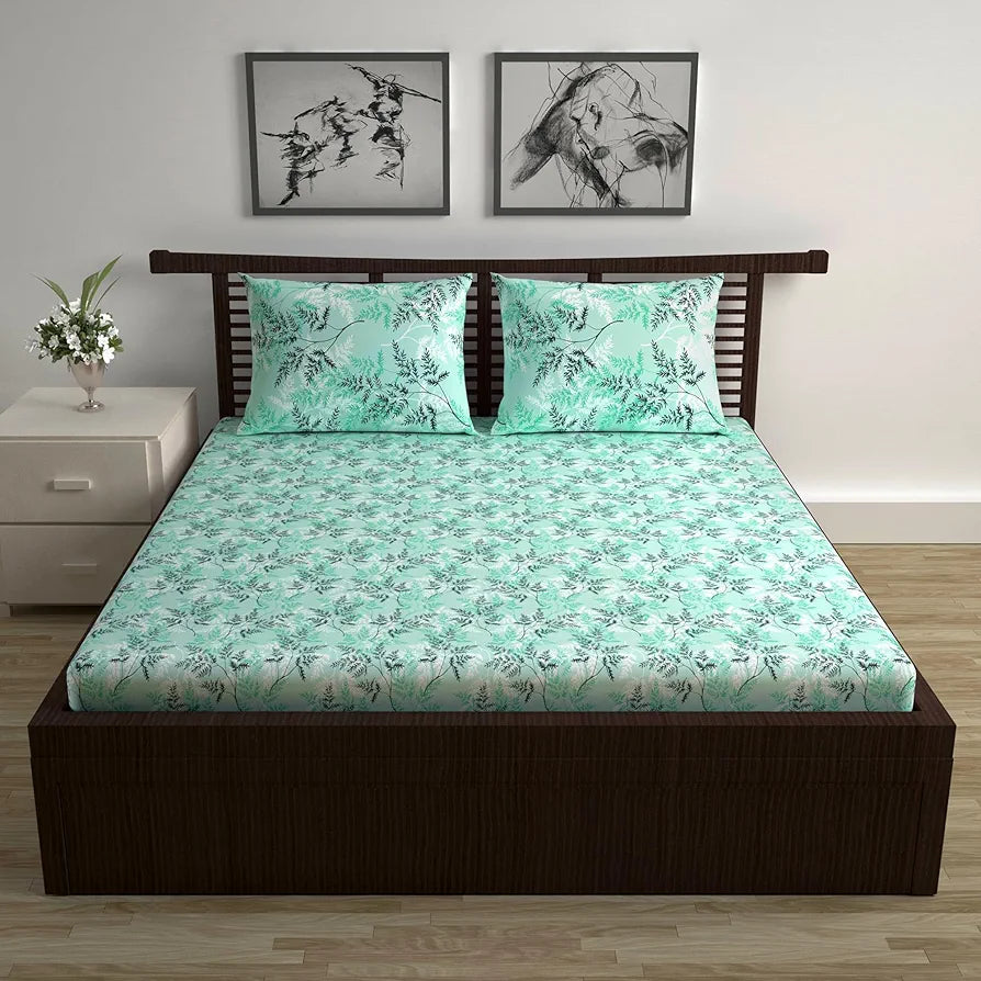 Divine Casa 144 TC 100% Cotton Bedsheet for Double Bed with 2 Pillow Cover Colour Aqua Mist
