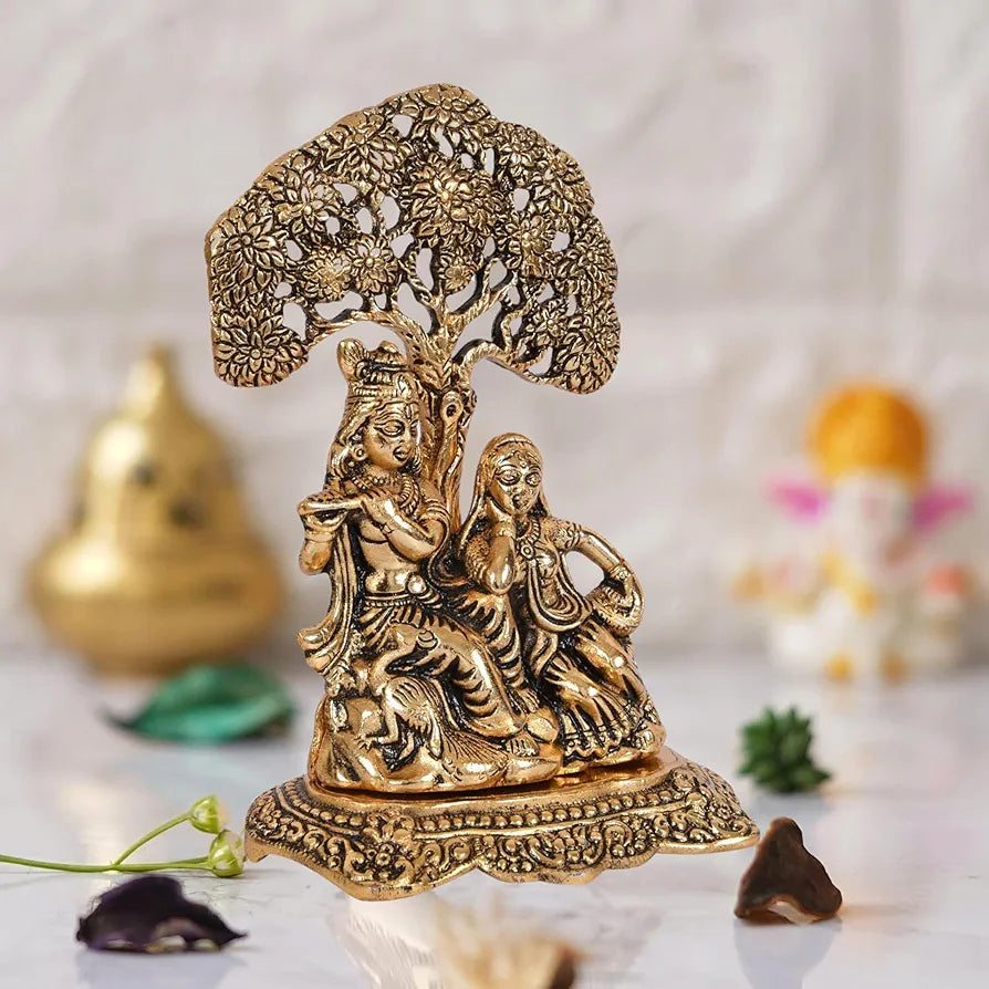 Chhariya Crafts Metal Radha Krishna Sitting Under Tree Plying Flute Decorative Showpiece for Home and Office Decor - 14 cm