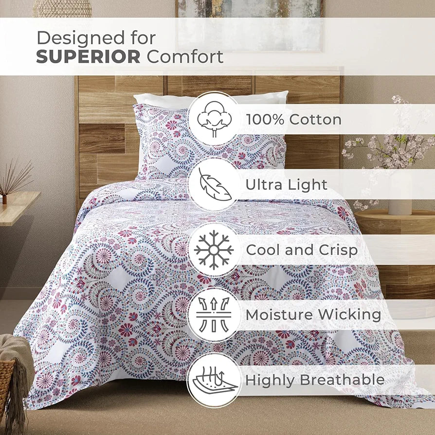 Layers Emaline Cotton Single Bedsheet Set 1 Single Cotton Bedsheet & 1 Pillow Cover 144 TC Purple Ornate