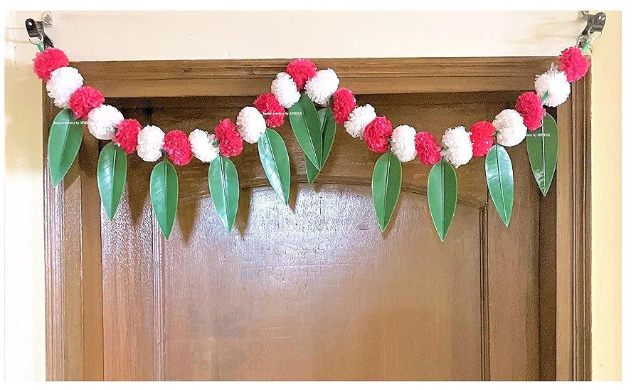 Artificial Marigold &Mango Leaves Simple Door-Window Toran White and Red