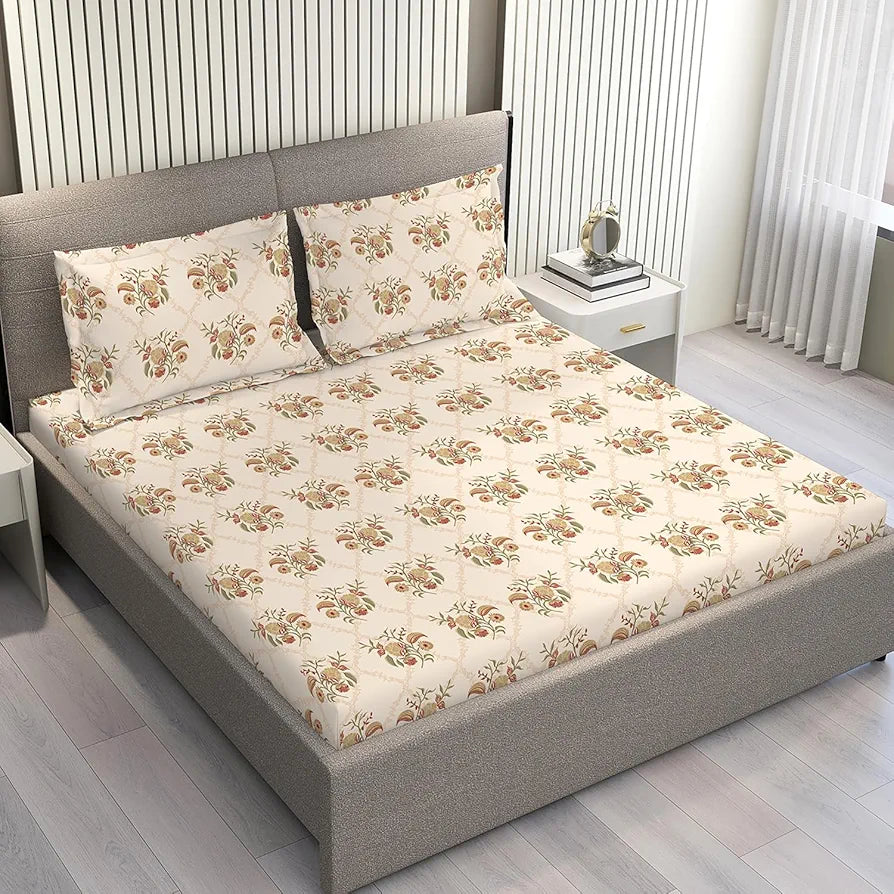Layers Home Easy Cotton Bedsheet Set for All Seasons Lightweight 144 TC King Size Beige Red Floral