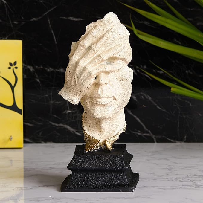 Ecraftindia White Antique Finish Man Hand on Face Handcrafted Decorative Polyresin Showpiece