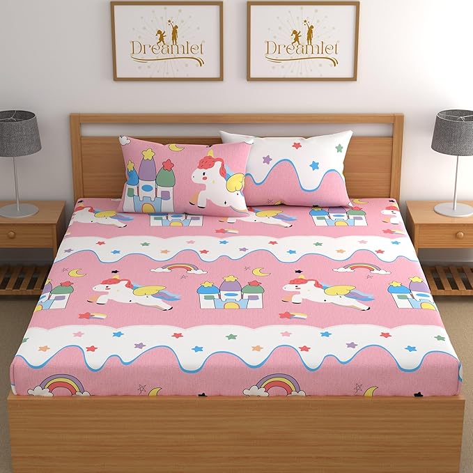 Dreamlet 180tc Cotton Feel All Around Elastic Fitted Bedsheets King Size for Double Bed With 2 Pillow Covers | Baby Pink