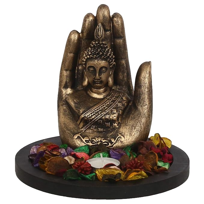 Ecraftindia Copper Finish Handcrafted Palm Buddha Decorative Showpiece With Wooden Base | Fragranced Petals and Tealight