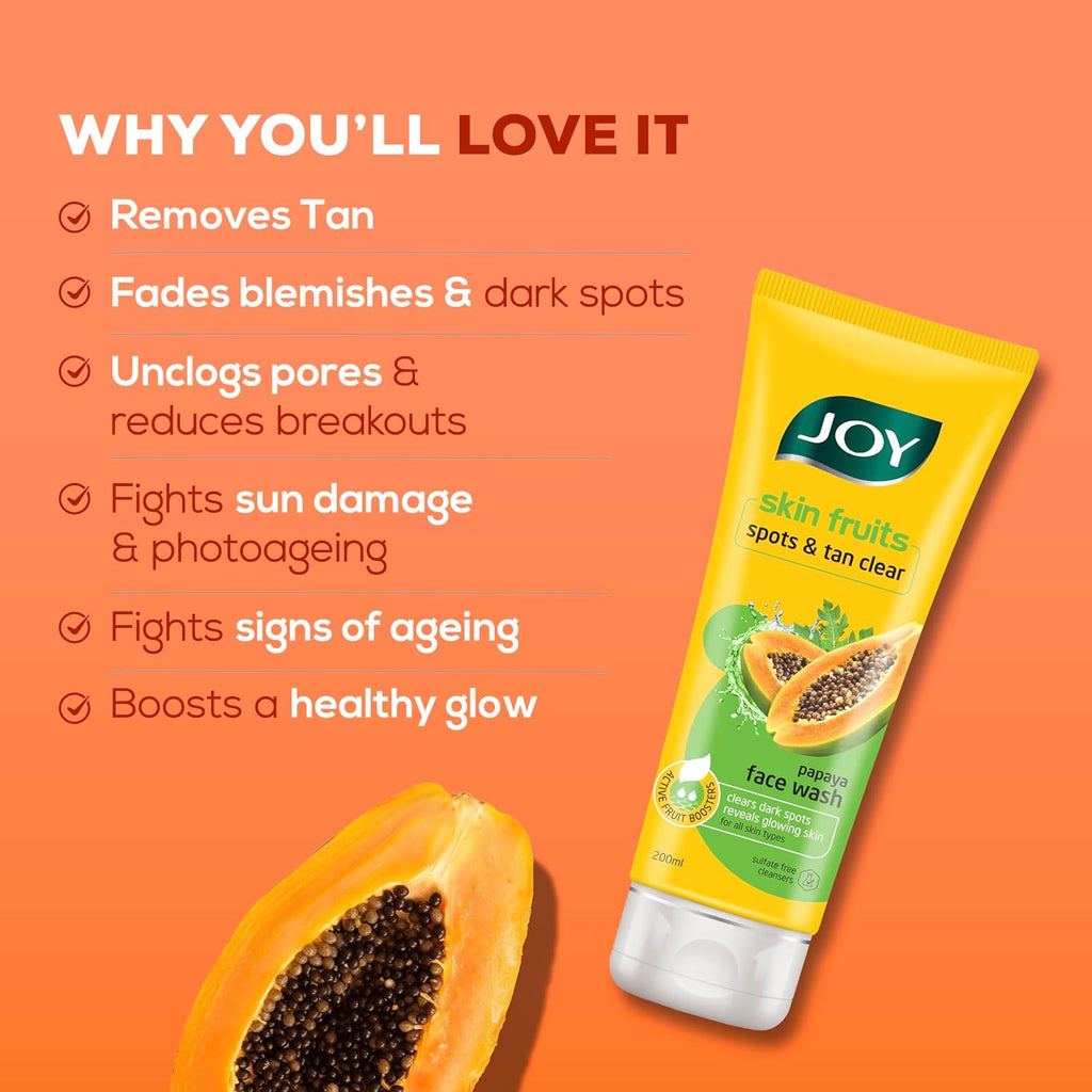 Joy Skin Fruits Spots & Tan Clear Face Wash 200ml | Enriched with Papaya & Vitamin C + A | For Healthy Glowing skin | Suitable for All Skin Types
