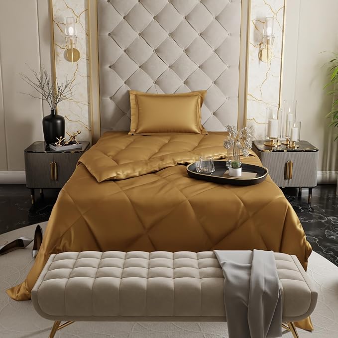 Stoa Paris Satin Comforter Single Bed with 300 TC One Pillow Cover Colour Gold