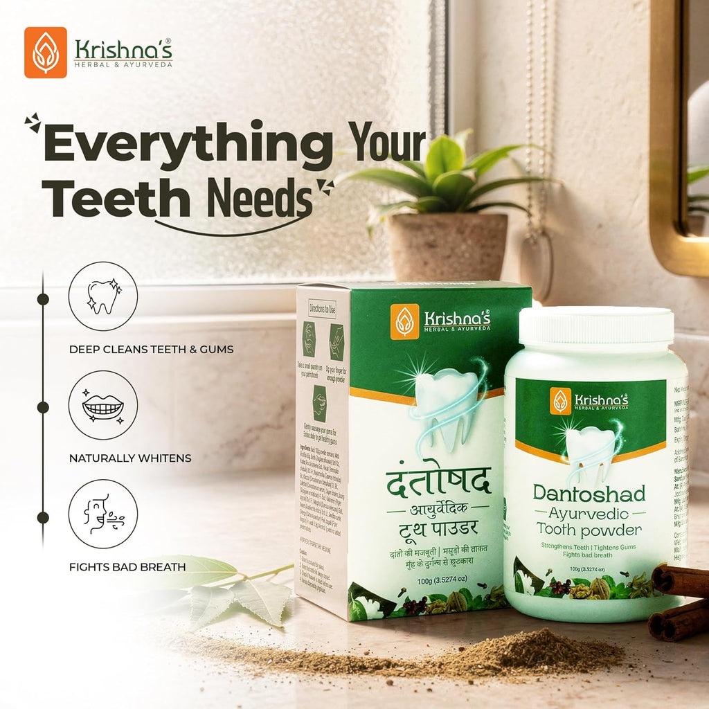 Krishnaâ€™s Dantoshad Ayurvedic Tooth Powder With Goodness of 15 Herbs for Strengthens Teeth, Tightens Gum & Maintain Fresh Breath - 100 gm (Pack of 1)