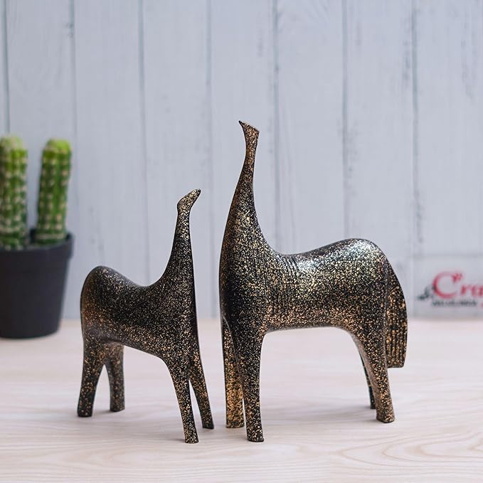 Ecraftindia Set of 2 Black & Golden Horse Statues Decorative Animal Figurines Showpiece for Home Decor