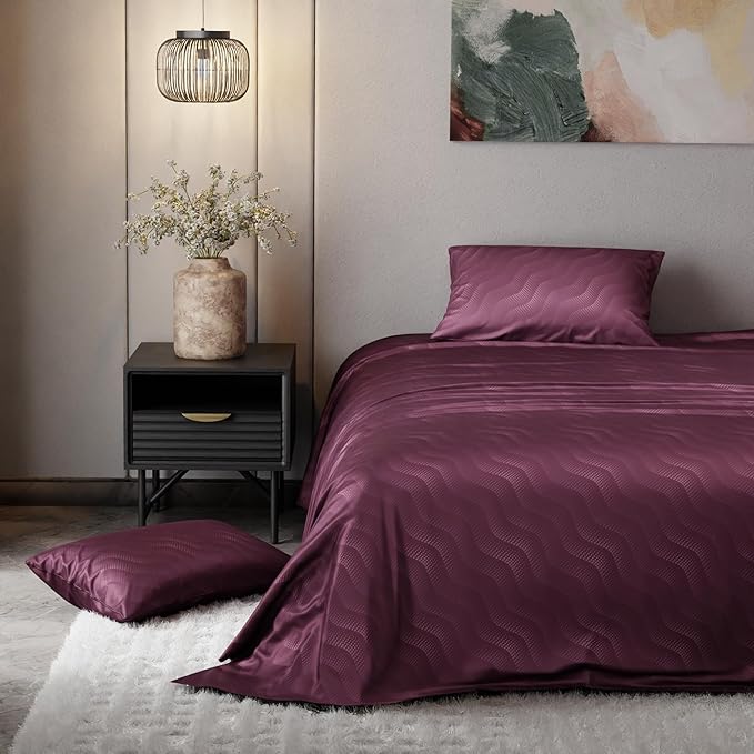Stoa Paris Burgundy Bliss Satin Bedsheet for King Size Bed with 2 Pillow Covers Colour Burgundy Bliss-Maroon