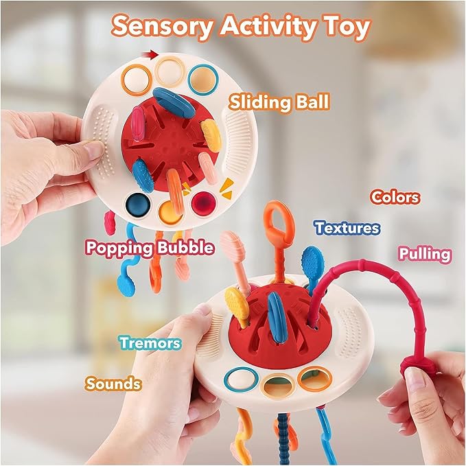 Kidology Montessori Teething Toy Set for Toddlers Food-Grade Pull String UFO Red