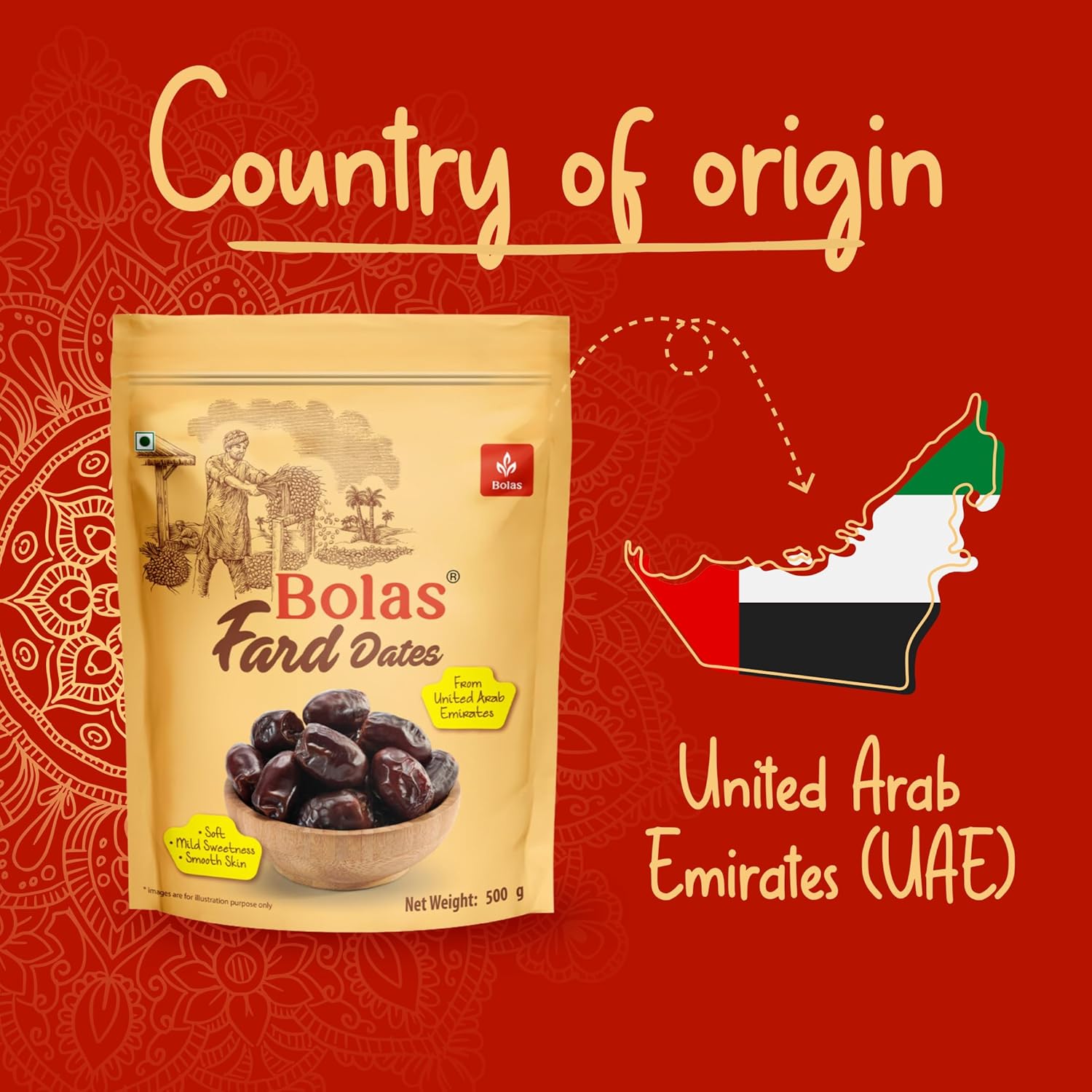 Bolas UAE Fard Dates 500g | Soft & Smooth Khajur/Khajoor | Mild Sweetness | Naturally Low-Fat | No Added Sugar | No Preservatives | Rich in Fibre | Dry Fruits