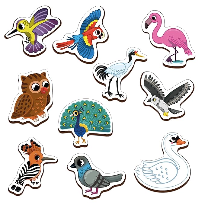 Mini Leaves Jungle Birds Wooden Fridge Magnets | Colorful Shape Learning Toy Set | Preschool Refrigerator Magnet Toys for Kids