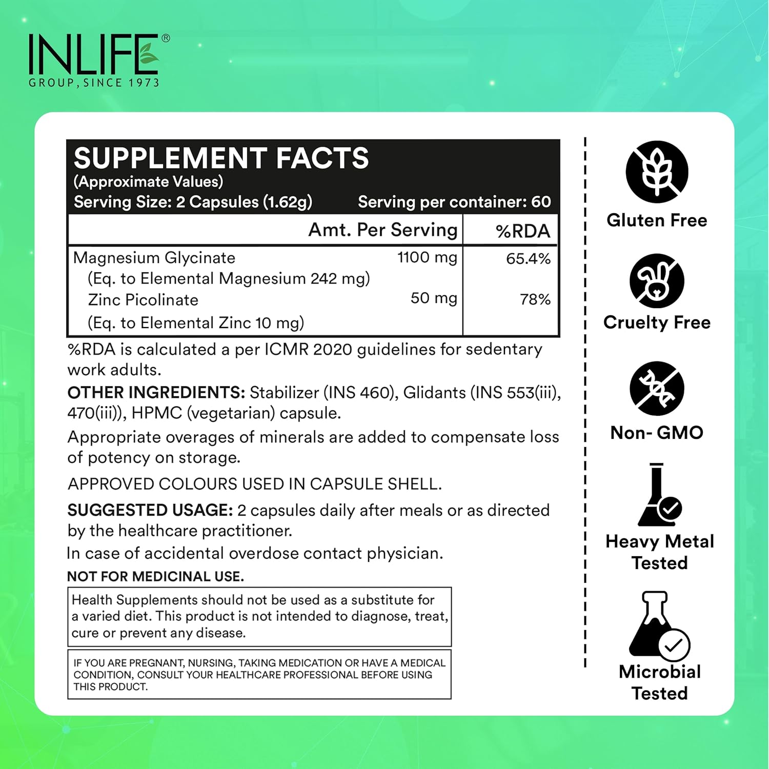 INLIFE Magnesium Glycinate Supplement 1100mg (Elemental Magnesium 242mg) with Zinc 10mg (as Zinc Picolinate) Per Serving, Relaxation & Healthy Muscle Function - 120 Capsules (Pack of 1, 120, count)