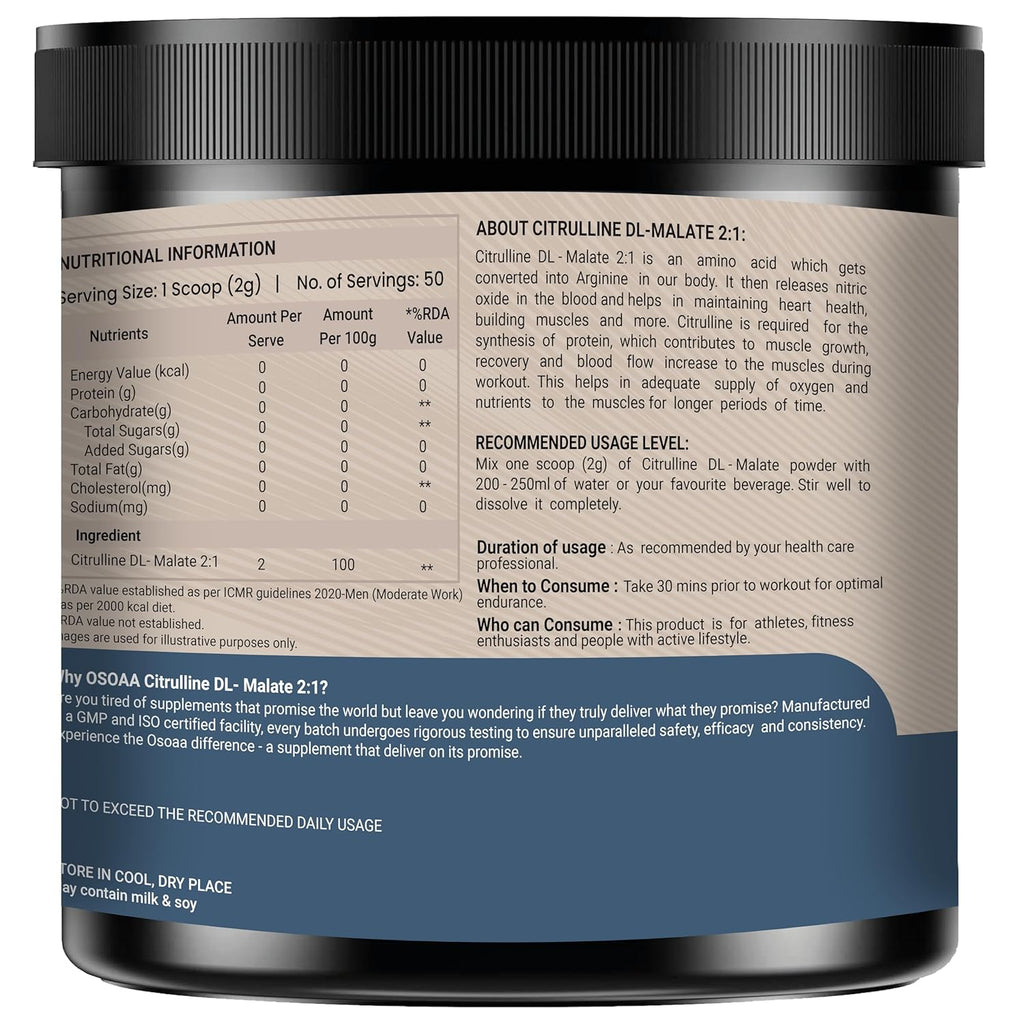 OSOAA Pure Citrulline Malate 2:1 Supplement Powder - 100g, Unflavoured | Boosts Nitric Oxide, Pre Workout Amino Acid for Muscle Strength & Endurance