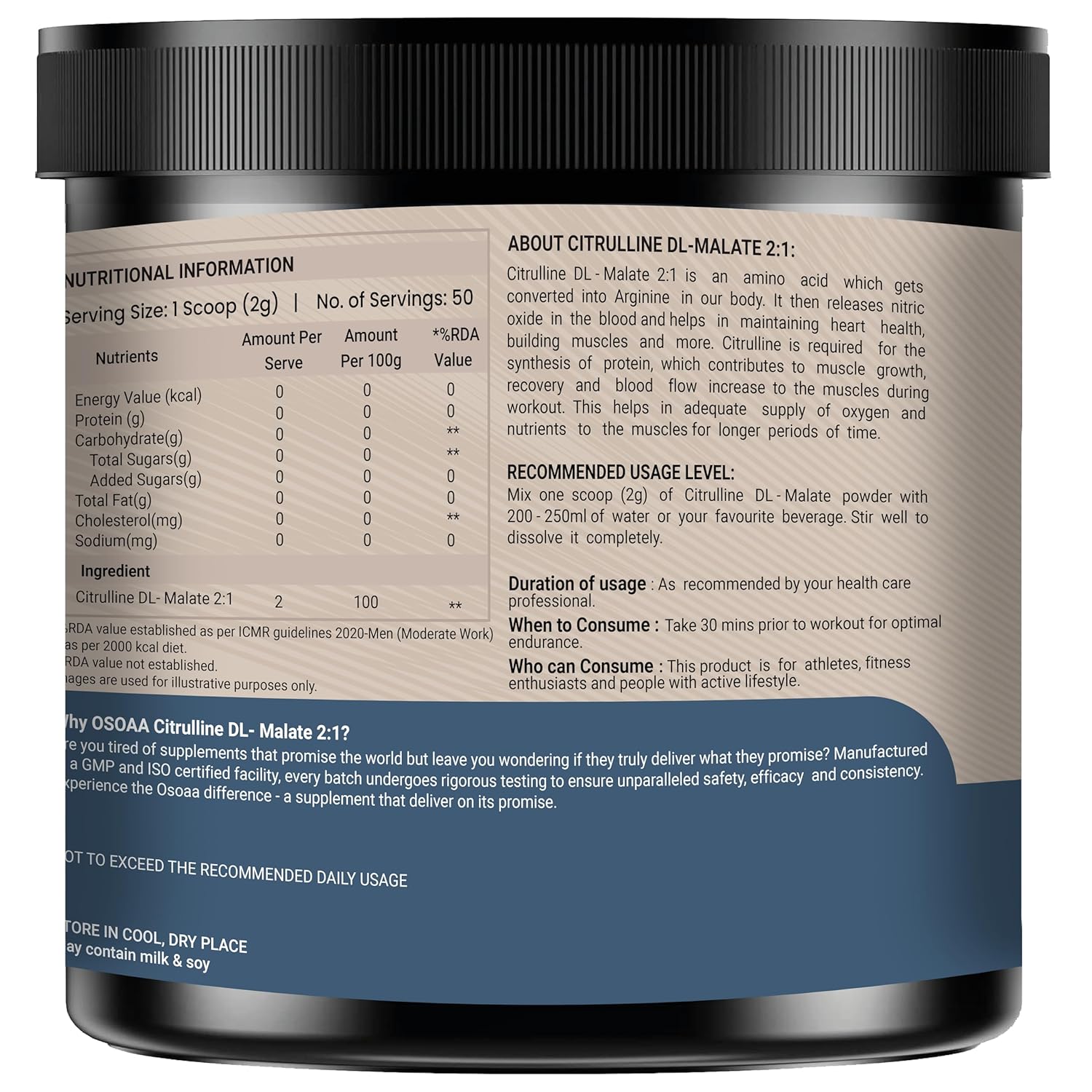 OSOAA Pure Citrulline Malate 2:1 Supplement Powder - 100g, Unflavoured | Boosts Nitric Oxide, Pre Workout Amino Acid for Muscle Strength & Endurance