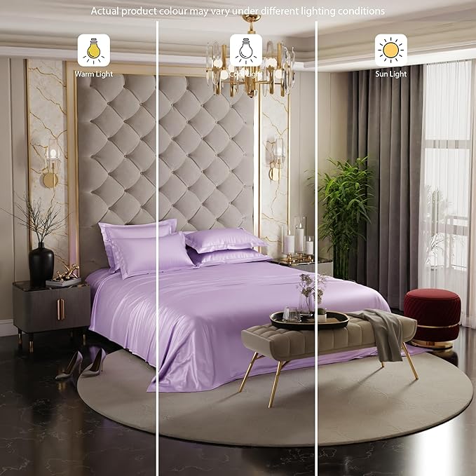 Stoa Paris Satin Bedsheets for Super King Size Bed 300TC Premium Bedsheet with 4 Pillow Cover Colour Lilac