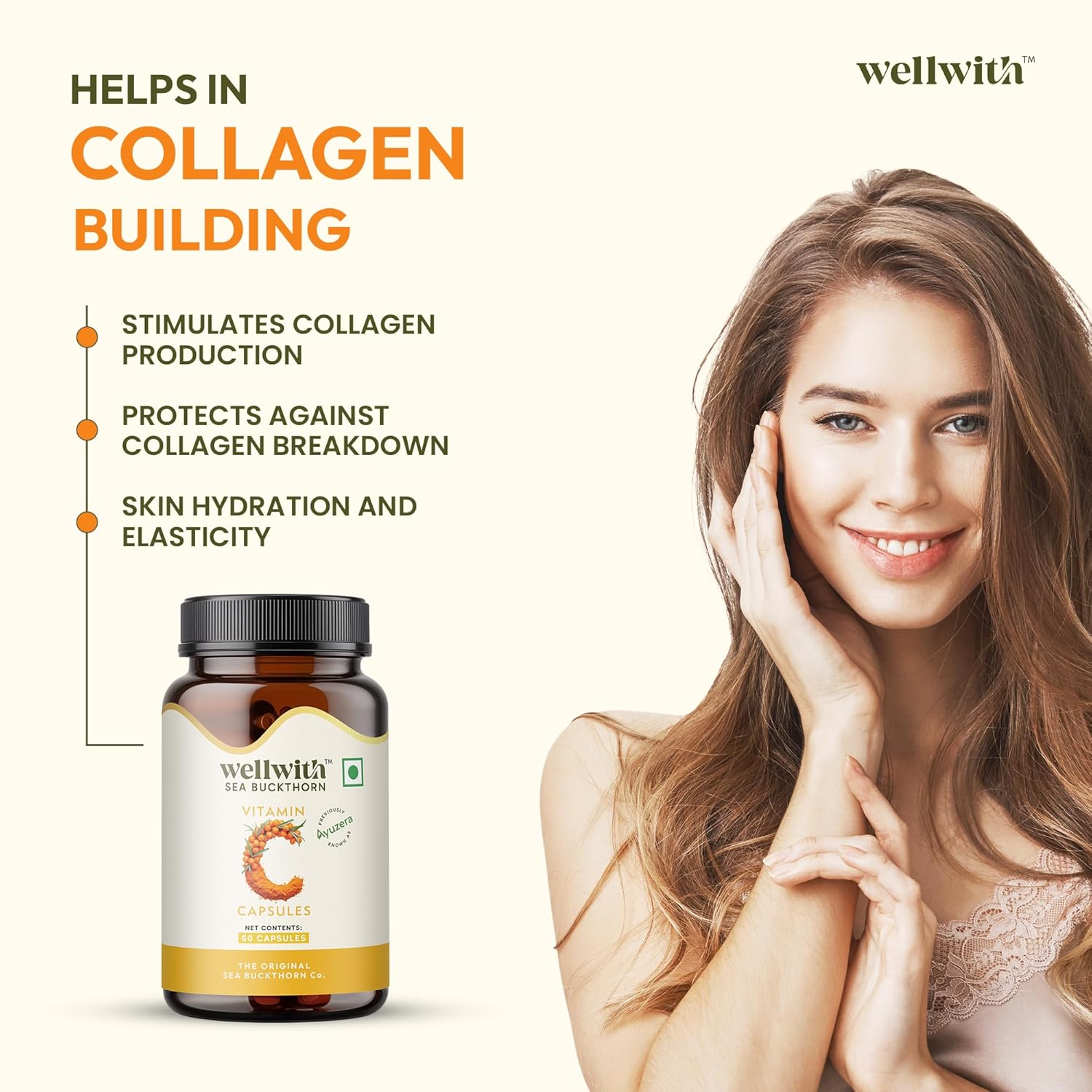 Wellwith Sea buckthorn Berry Powder Capsules â€“ 60 Vegan Caps |Sea buckthorn capsules rich in Natural Vitamin C for Skin Glow & Collagen Boost | Pack of 1