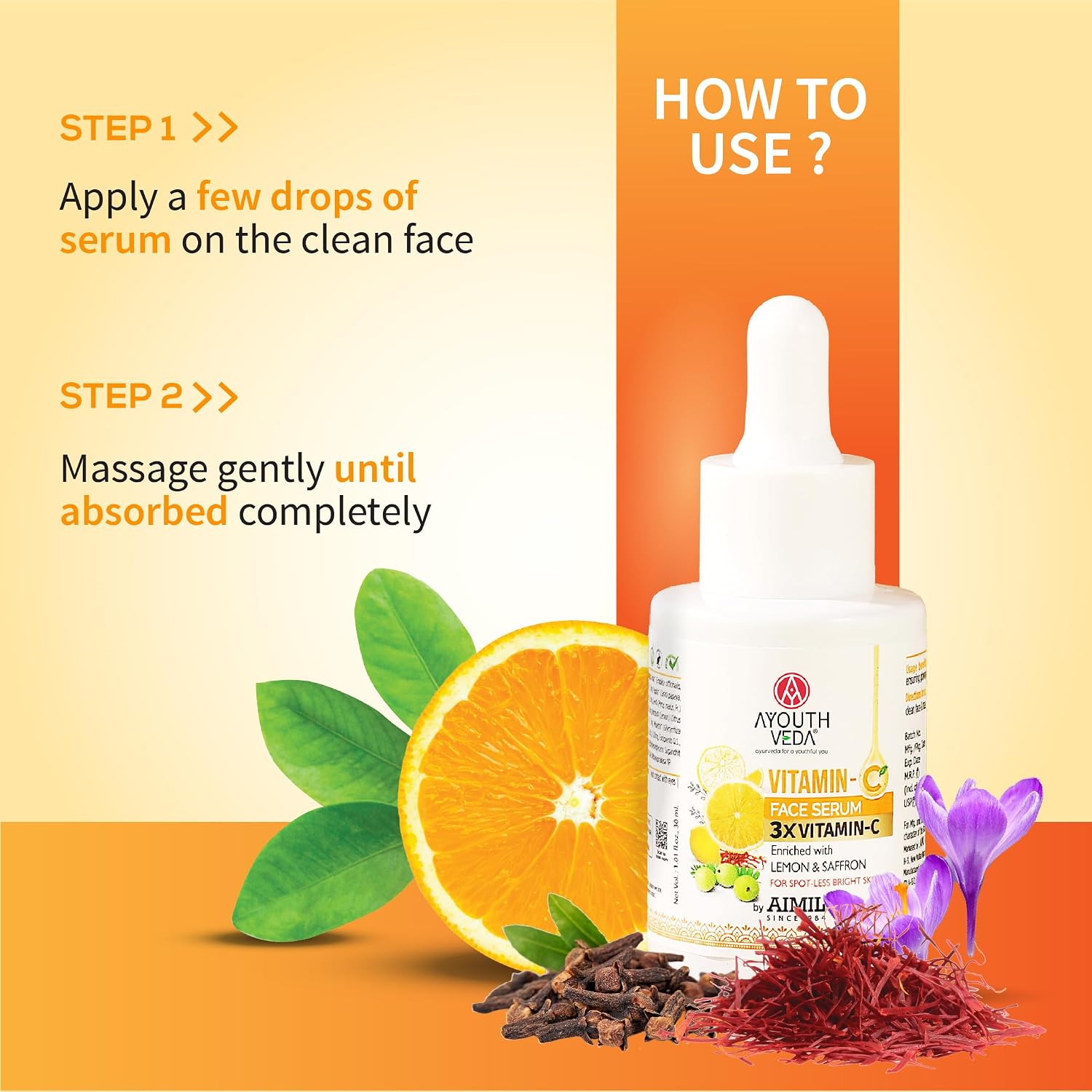 Ayouthveda Vitamin-C Face Serum With 3X Vitamin-C | Reduce Discoloration and Enhance Radiance | Enriched with Lemon, Saffron, Orange & Gooseberry | For Spot-less Bright Skin - 30 ml