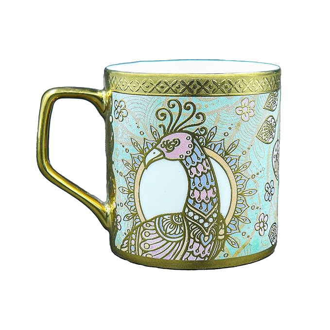 Femora Bone China Gloden Tea Cup | Crowned Peacock | 160 Ml | 6 Pieces | Brown