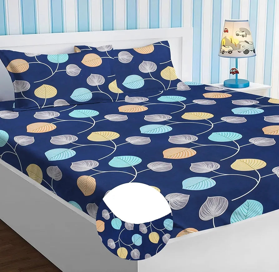Homekart Premium Cotton Elastic Fitted Bedsheets with 2 King Size Pillow Covers Double Bed Flower Print Dark Blue 200 tc - 220 tc