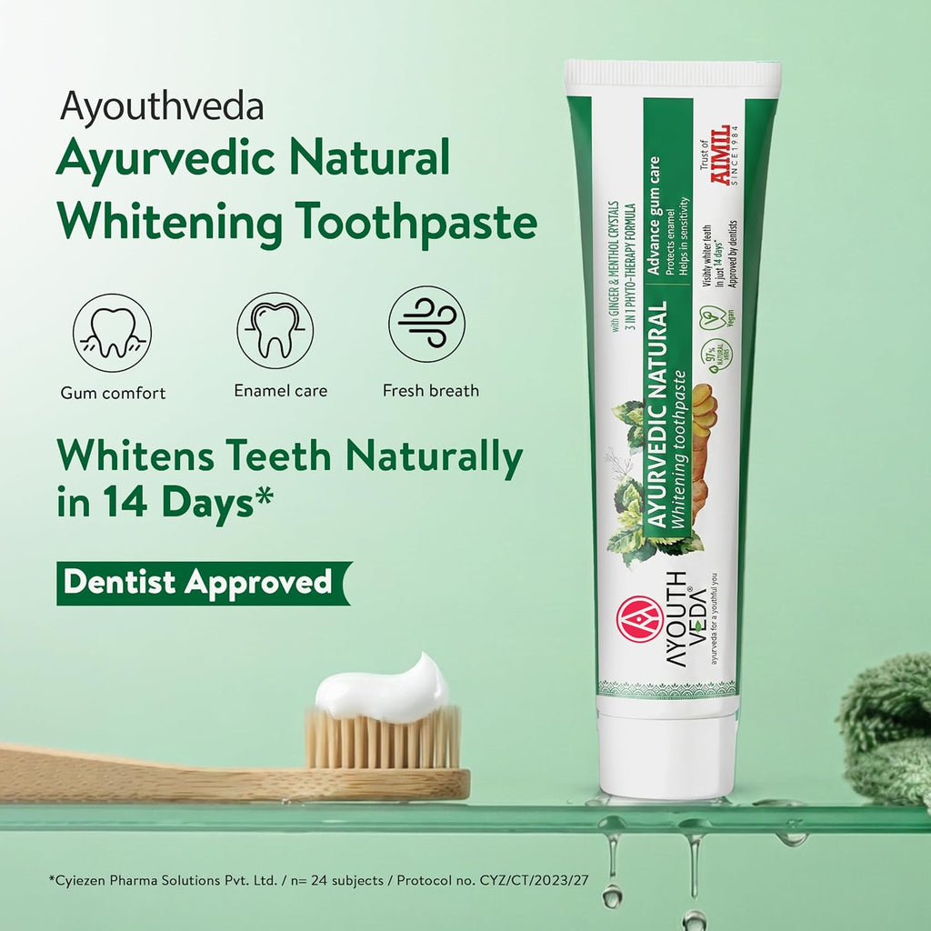 Ayouthveda Ayurvedic Natural Whitening Toothpaste | Plant-Based Formula with Ginger, Mint, Papaya & Pomegranate | Plaque & Tartar Control | Gum Comfort, Enamel Care & Fresh Breath | 100g (Pack of 1)