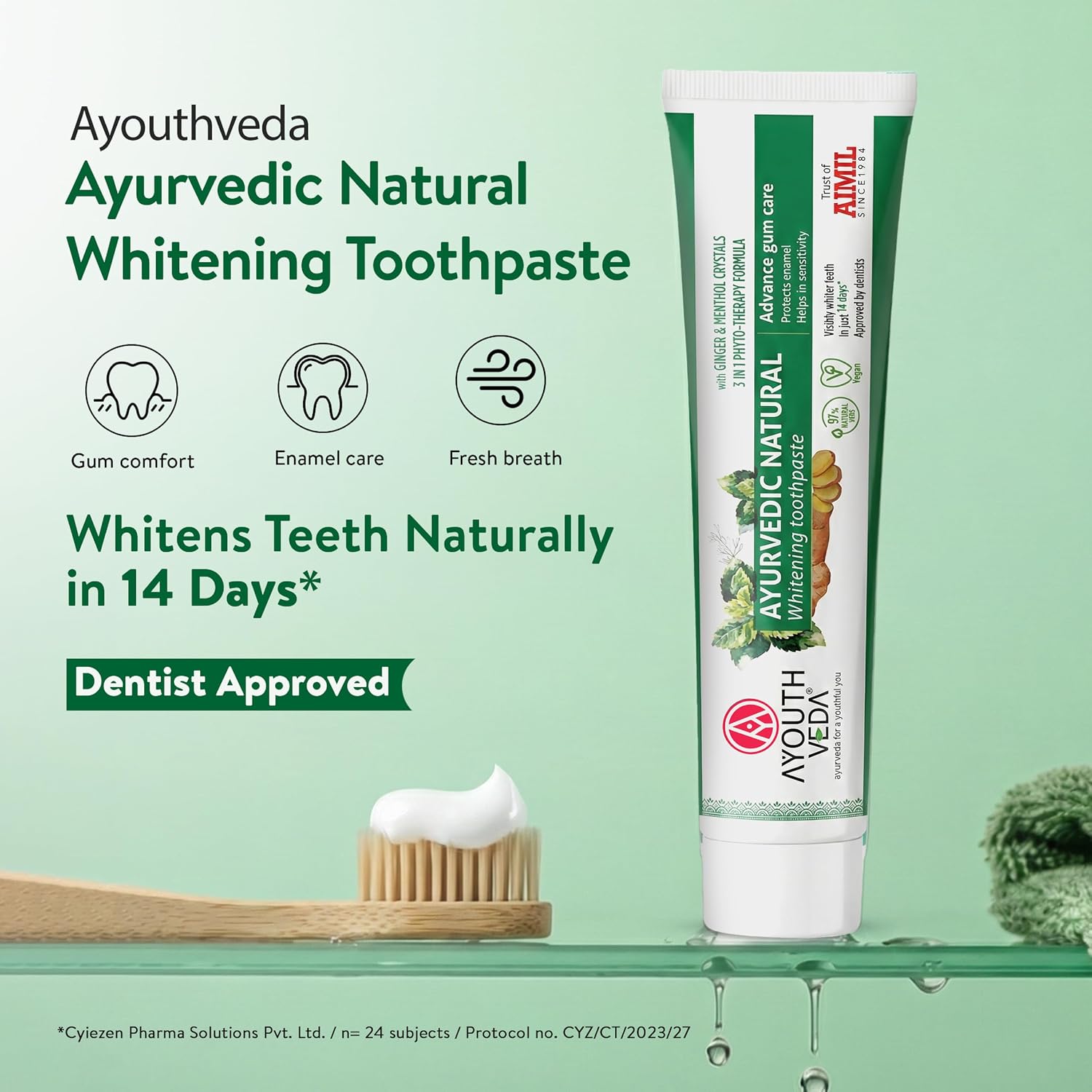 Ayouthveda Ayurvedic Natural Whitening Toothpaste | Plant-Based Formula with Ginger, Mint, Papaya & Pomegranate | Plaque & Tartar Control | Gum Comfort, Enamel Care & Fresh Breath | 100g (Pack of 1)