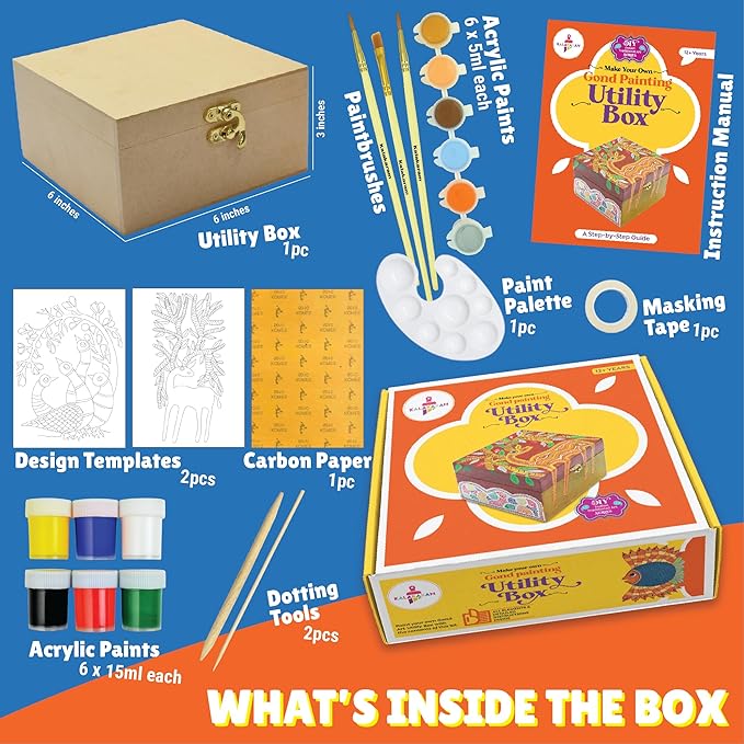 Kalakaram Diy Gond Painting Utility Box Kit | Indian Ethnic Art Form Painting Kit | Activity Kit for Kids | Educational Kit for Kids