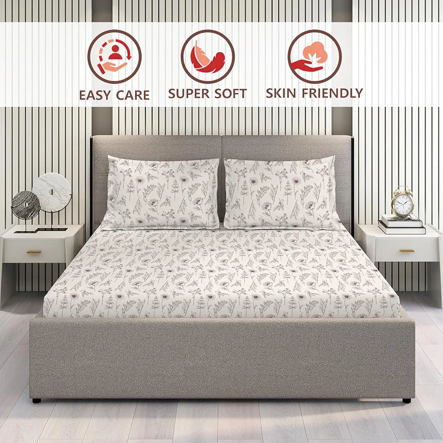 Layers Lumina Floret Cotton Bedsheet Set for All Seasons Lightweight 144 TC Queen Size Beige Flowers