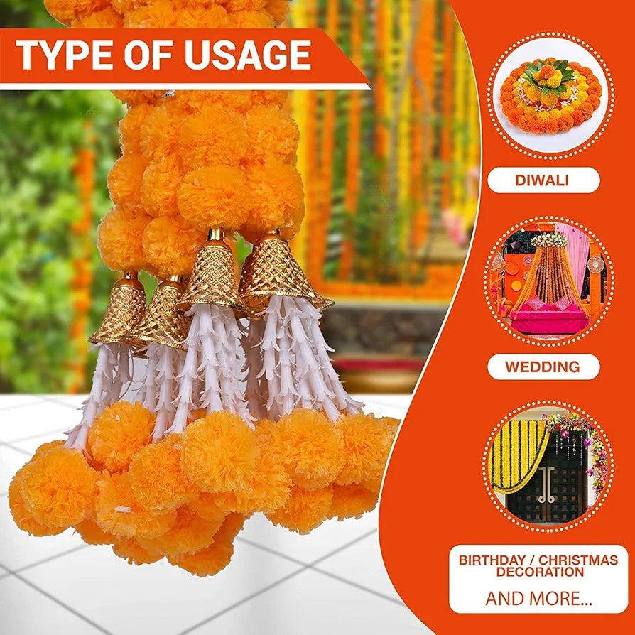 Artificial Orange Flowers For Decoration Garland With Bell 5 Feet Long 5 Pcs With 1 Diya 5 Centimeters Orange-bell