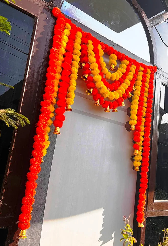 Artificial Fluffy Marigold Bandhanwar with Bell – 40 Inch Yellow Mango Flower Sign Of Beauty Bandanwar