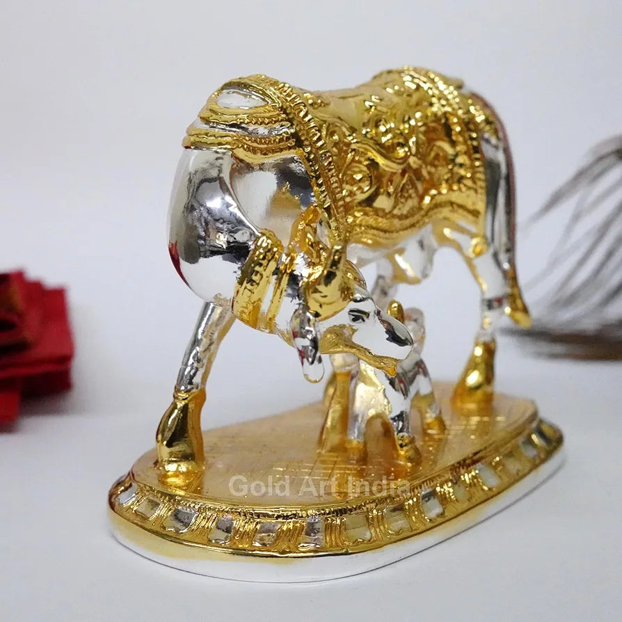 Gold Art India Om Kamdhenu Cow with Calf for Gold & Silver Plated - 4 inch