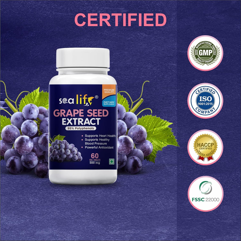 Sea Life Grape Seed Extract | 500 mg 60 Tablets | Antioxidant Supplement Strengthens Immunity, Helps Fight Infections, Promotes Healthy Skin and Hair| For Women and Men.