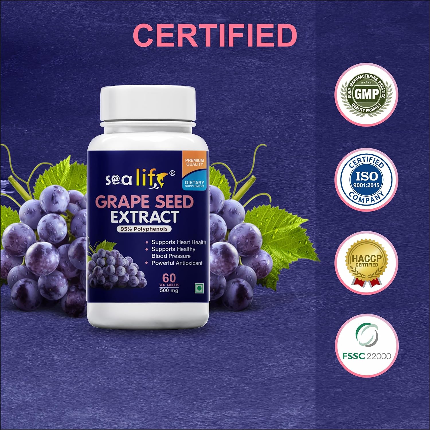 Sea Life Grape Seed Extract | 500 mg 60 Tablets | Antioxidant Supplement Strengthens Immunity, Helps Fight Infections, Promotes Healthy Skin and Hair| For Women and Men.