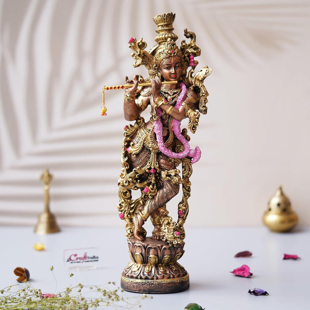Ecraftindia Golden Standing Lord Krishna Idol Playing Flute Statue for Home