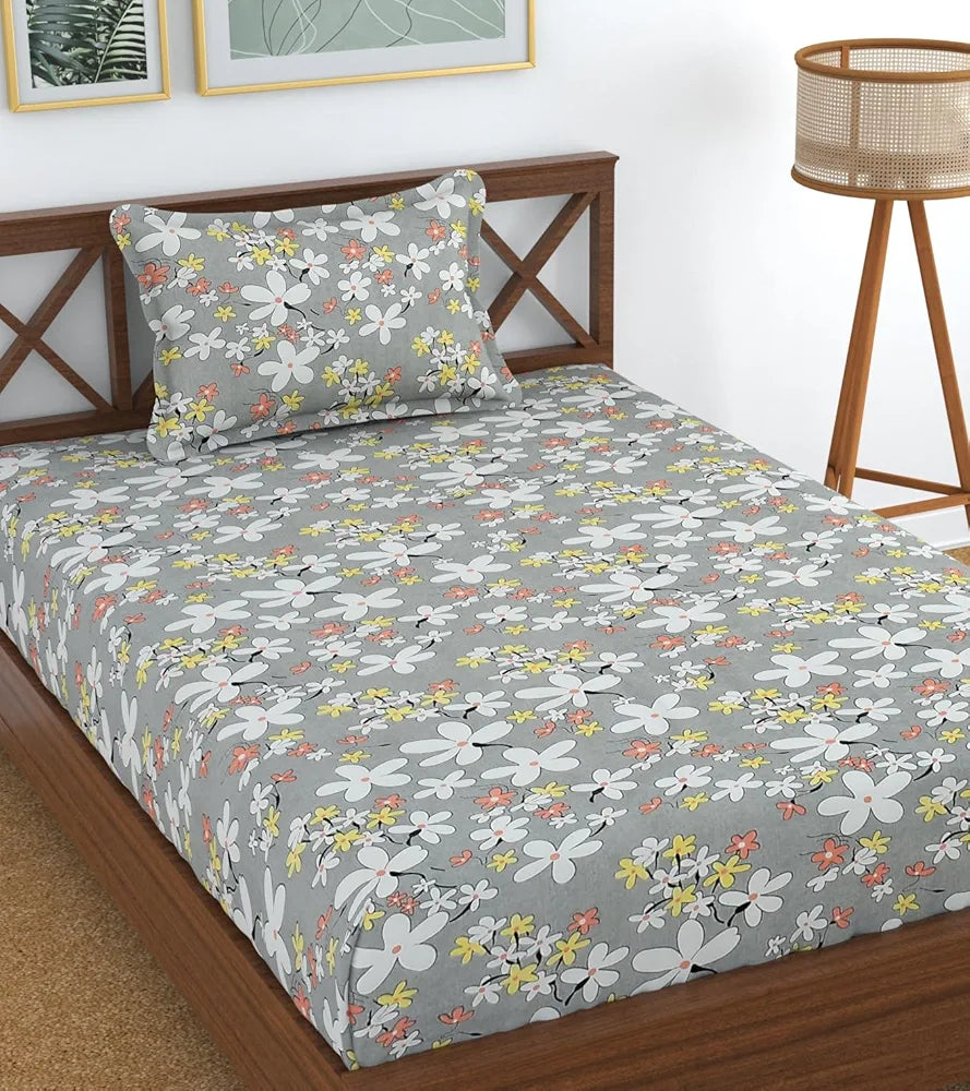 Homefab India 180 TC Microfiber Single BedSheet with 1 Pillow Cover Light Grey Floral