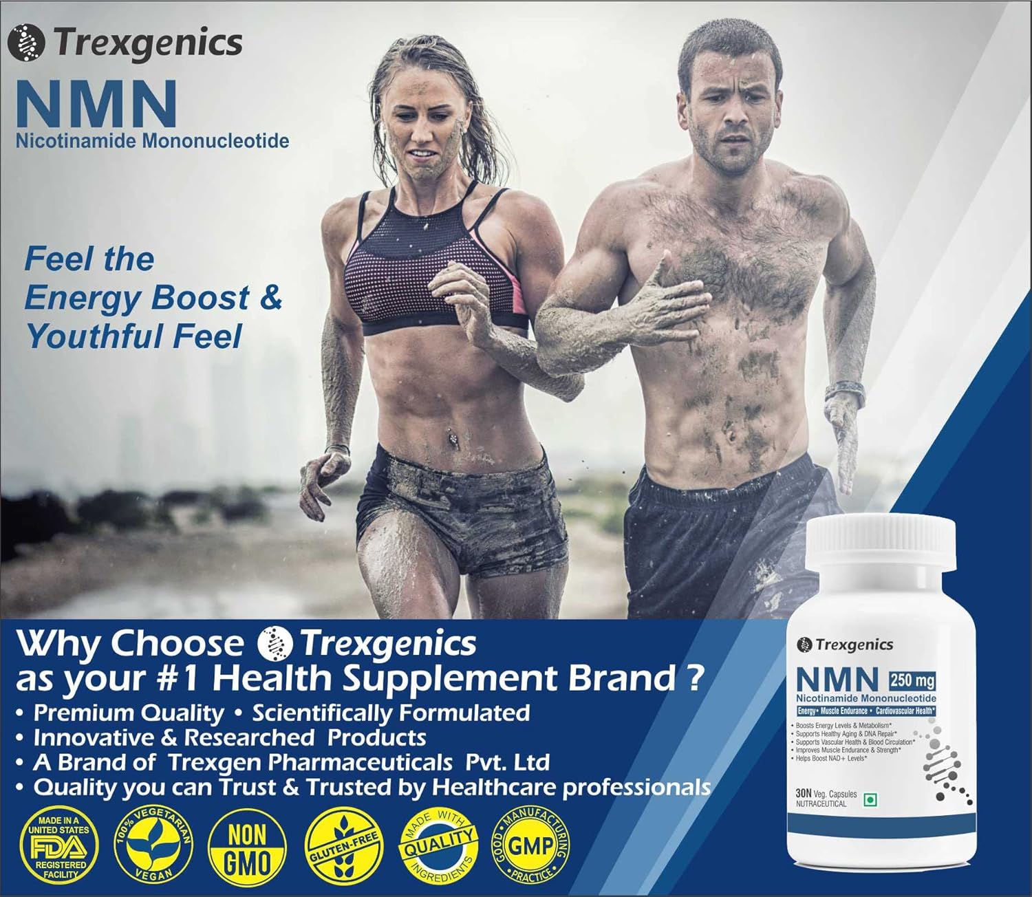 Trexgenics NICOTINAMIDE-MONONUCLEOTIDE(NMN)250 NAD + Booster Energy, Muscle Endurance, Cardiovascular Health VEGAN & NON-GMO (30 Veg Capsules)