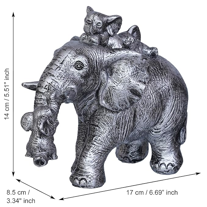 Ecraftindia Cute Silver Elephant Statue Carries Three Calves on Its Back and Trunk | Good Luck Home Decor Showpiece