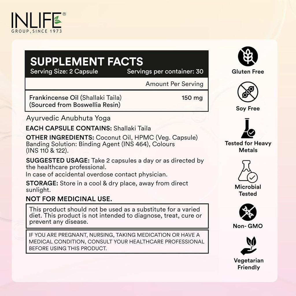 INLIFE Natural Frankincense Oil Capsules | Derived from Boswellia Resin | Supports Joint Health, Flexibility & Mobility | Ayurvedic Supplement | Steam Distilled | 60 Vegetarian Liquid Filled Capsules