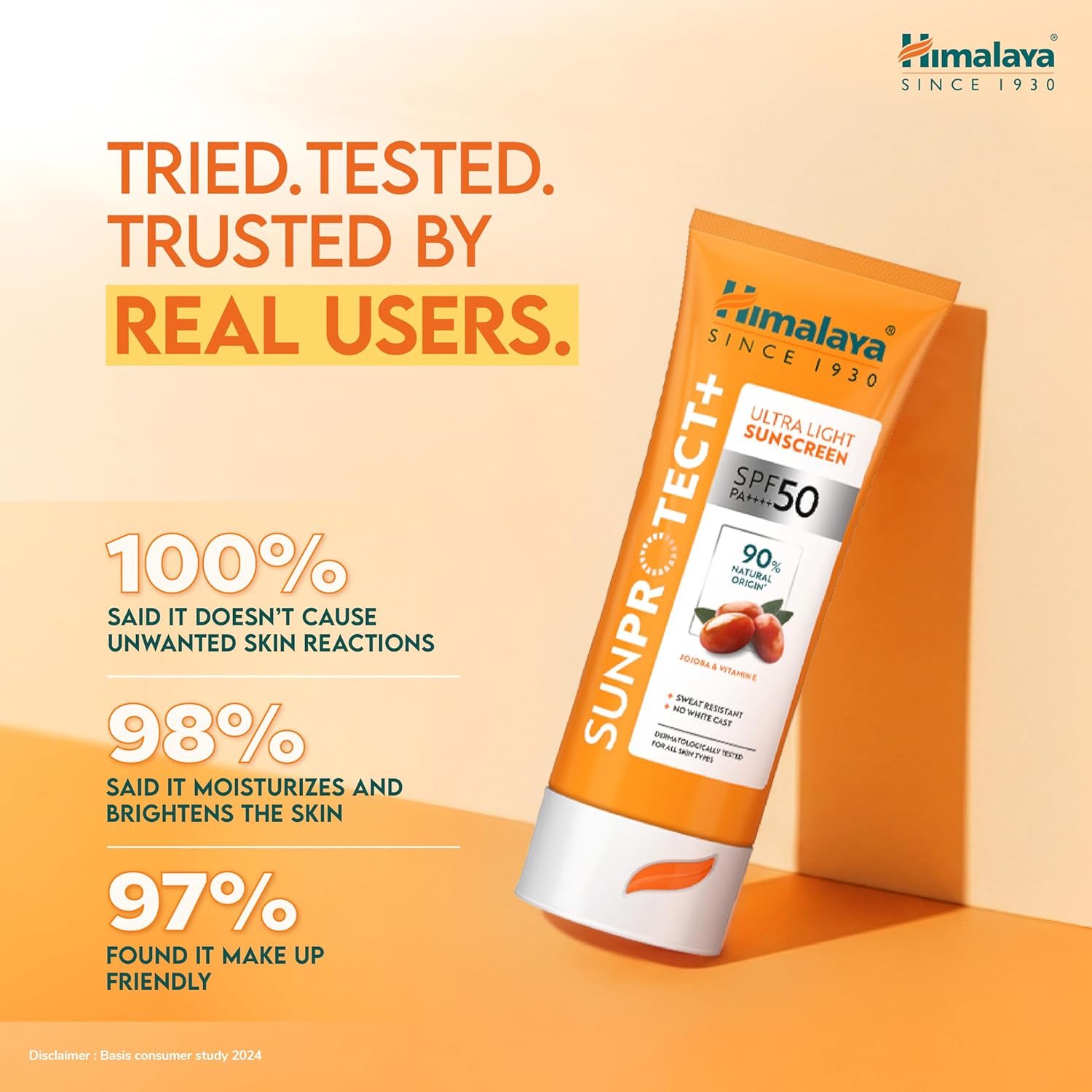Himalaya Sun Protect+ Ultra Light Sunscreen | 90% Natural Origin Ingredients | In vivo tested SPF 50 PA++++ | Dermatologically tested for all skin types | No white cast | Sweat Resistant | 50g