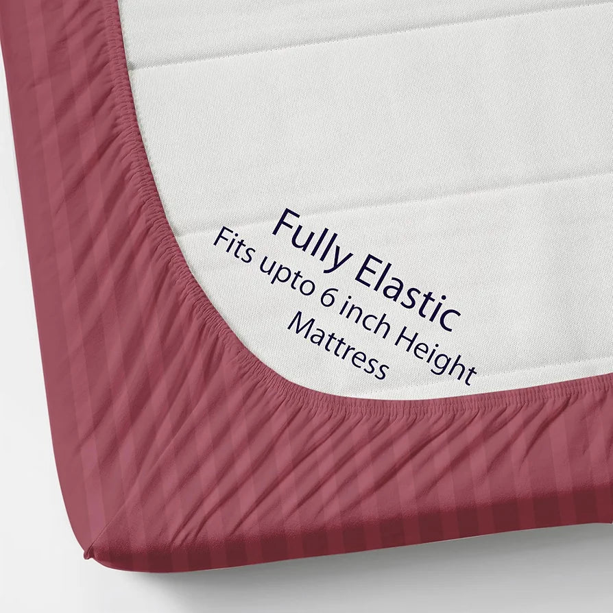 Homefab India 160 TC Stripe Cotton Feel Glace Cotton Elastic Fitted King Size Double Bed Bedsheet with 2 Pillow Covers Fits Upto 6 inches Mattress Pink