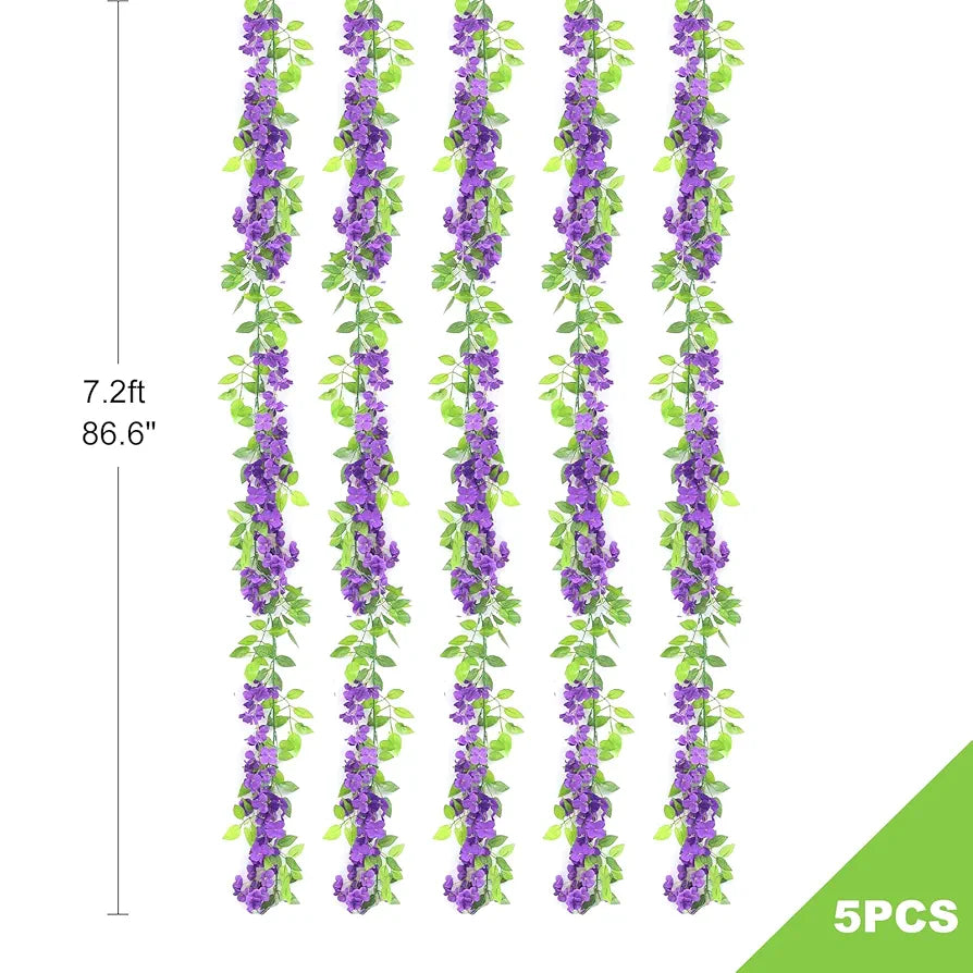 Wisteria Artificial Flowers Garland 5Pcs Total 36FT Purple Wisteria Hanging Flowers