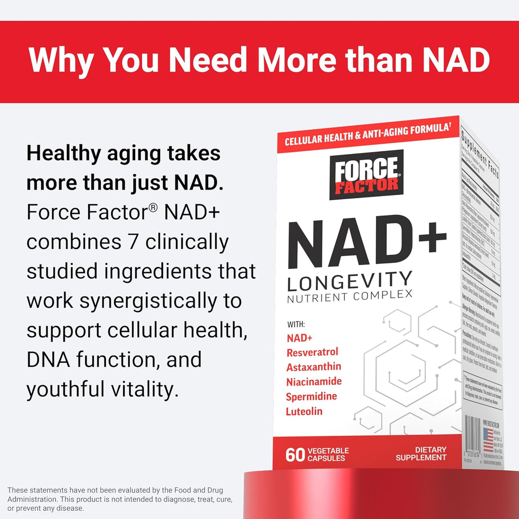 Force Factor NAD+ (NMN or Nicotinamide Riboside Alternative) with Resveratrol, Astaxanthin, Spermidine & Luteolin Complex, NAD to Support Cellular Health & Healthy Aging, 60 Capsules
