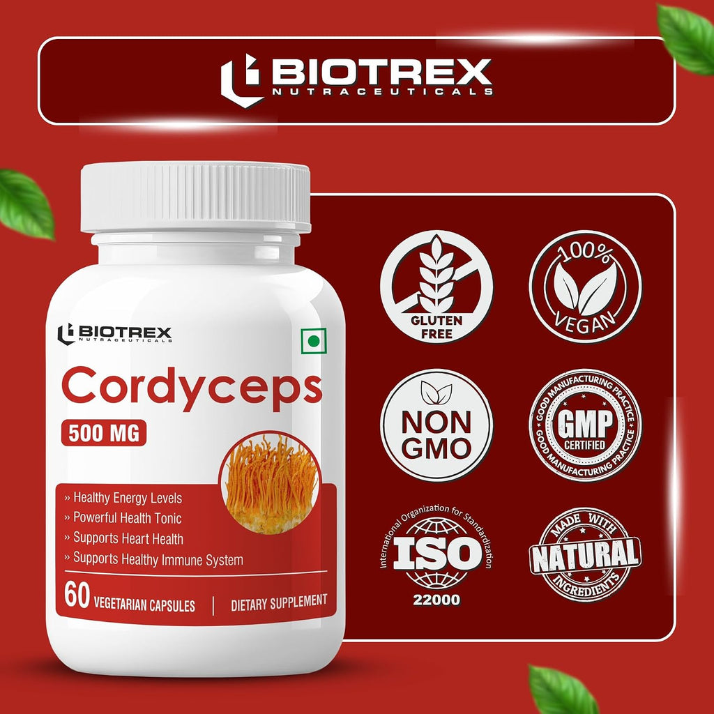 Biotrex Nutraceuticals Cordyceps 500mg | Endurance & Energy Booster | Supports Immune Function | Healthy Brain Function | Overall Wellbeing | 60 Veg Capsules