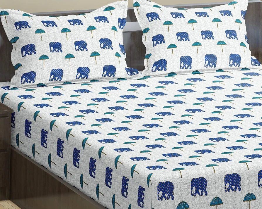 Trance Home Linen 180Tc 100% Cotton 78"X36" Single Size Elastic Fitted Bedsheet Printed Bedspread With 1 Pillow Cover 180 tc Colour Ambari Blue