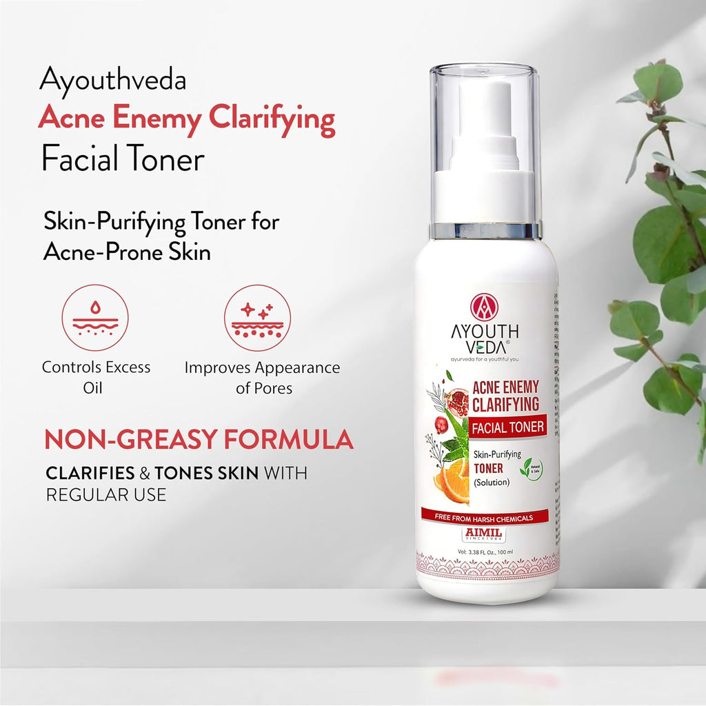 Ayouthveda Acne Enemy Clarifying Facial Toner | Pomegranate, Amla, Aloe Vera & Rose Distillate | Acne & Oil Control | Pore Refining, Antibacterial & Hydrating | Dermatologically Tested | Oily & Acne-Prone Skin | 100ml (Pack of 1)