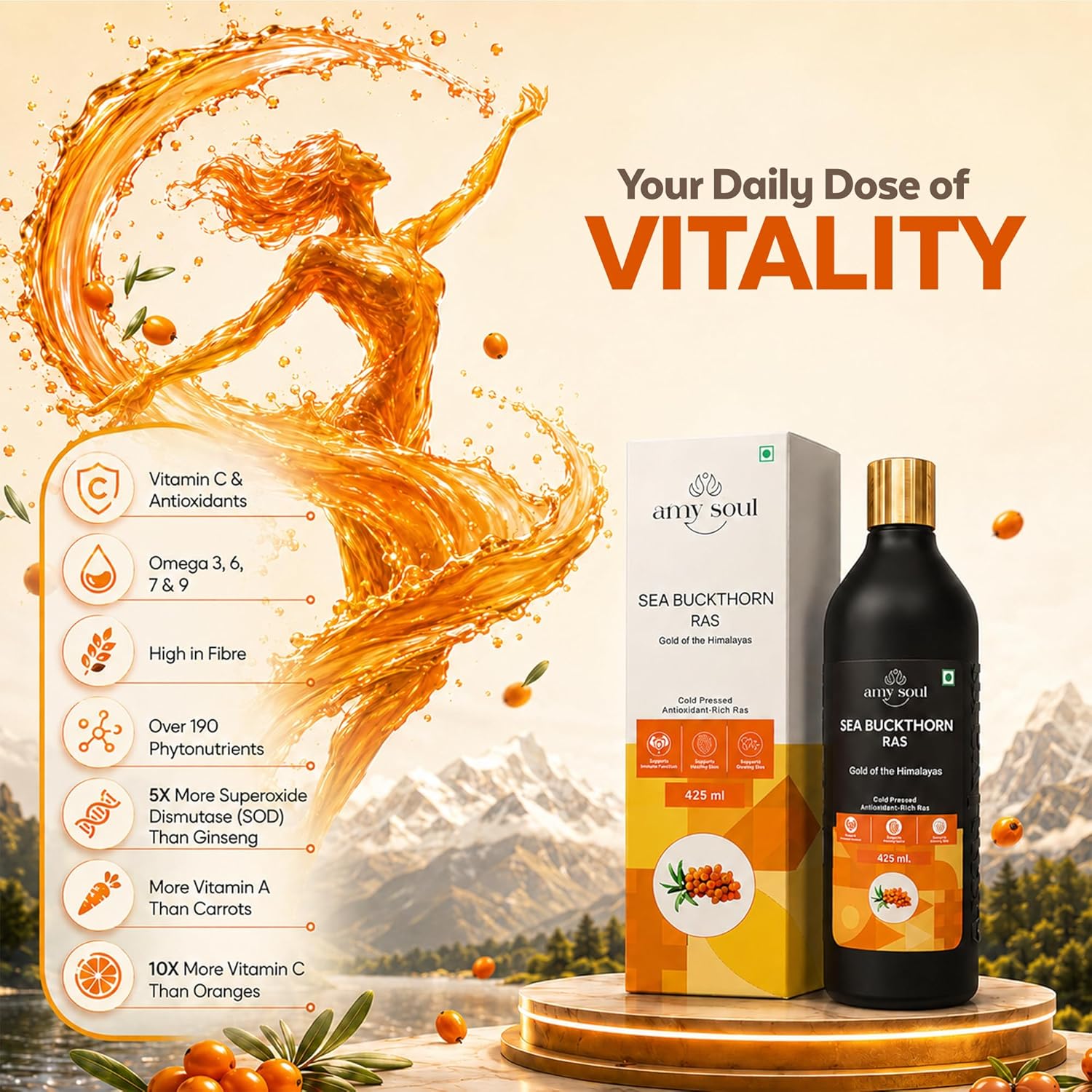 Sea Buckthorn Juice 425ml | Natural Wellness Drink with Vitamin C, Omega 3 6 7 9 & Antioxidants | Sea Buckthorn Ras for Immunity Support, Skin & Hair Wellness, Energy & Digestion | Dark Glass Bottle | No Added Preservatives