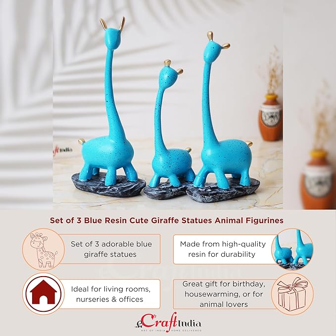 Ecraftindia Set of 3 Blue Polyresin Cute Giraffe Statues Animal Figurines