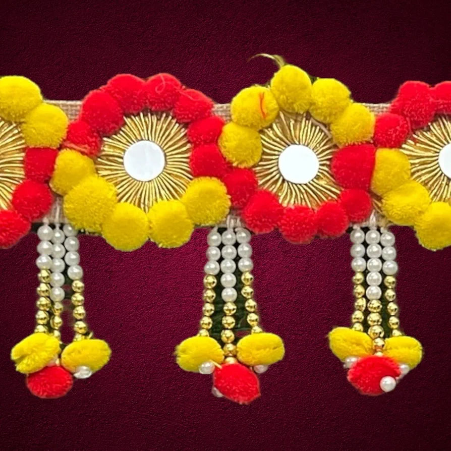 Pom Pom Toran 40 Inch Yellow & Red Decorative Jute Door Toran with Beads Jute Patta With Pom Pom Toran